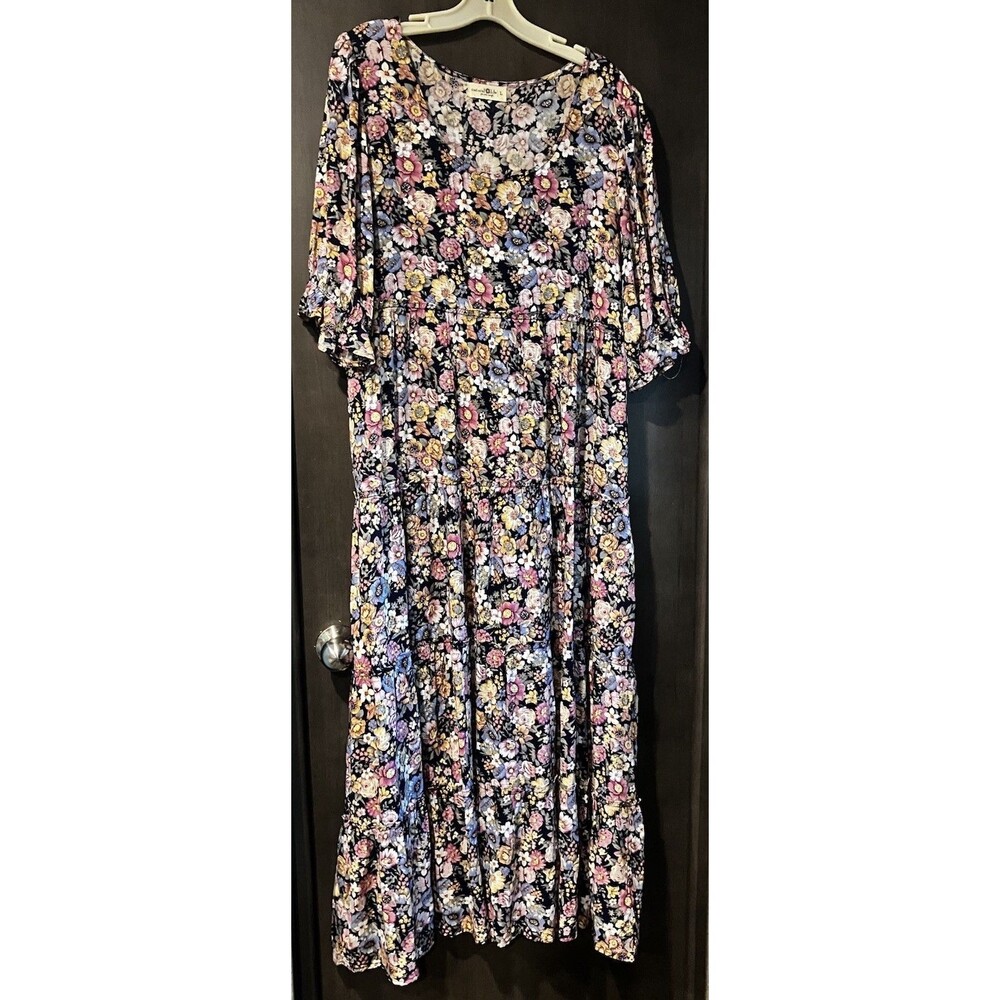 Natural Life Womens L Navy Floral Lucia Tiered Maxi Dress Boho Cottagecore Boho